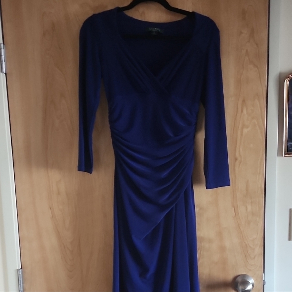 Ralph Lauren Blue Ruched Sheath Dress V-Neck 3/4 Sleeve